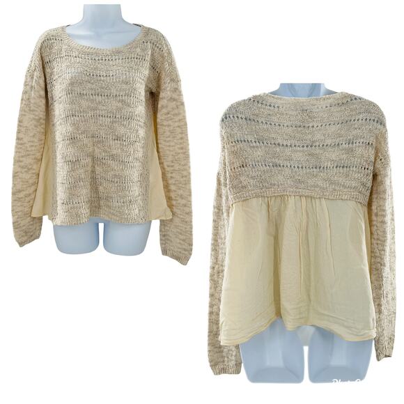 LUCKY BRAND Cream Open Weave Knit Front Blouse Back Long Sleeve Top S - Picture 1 of 11